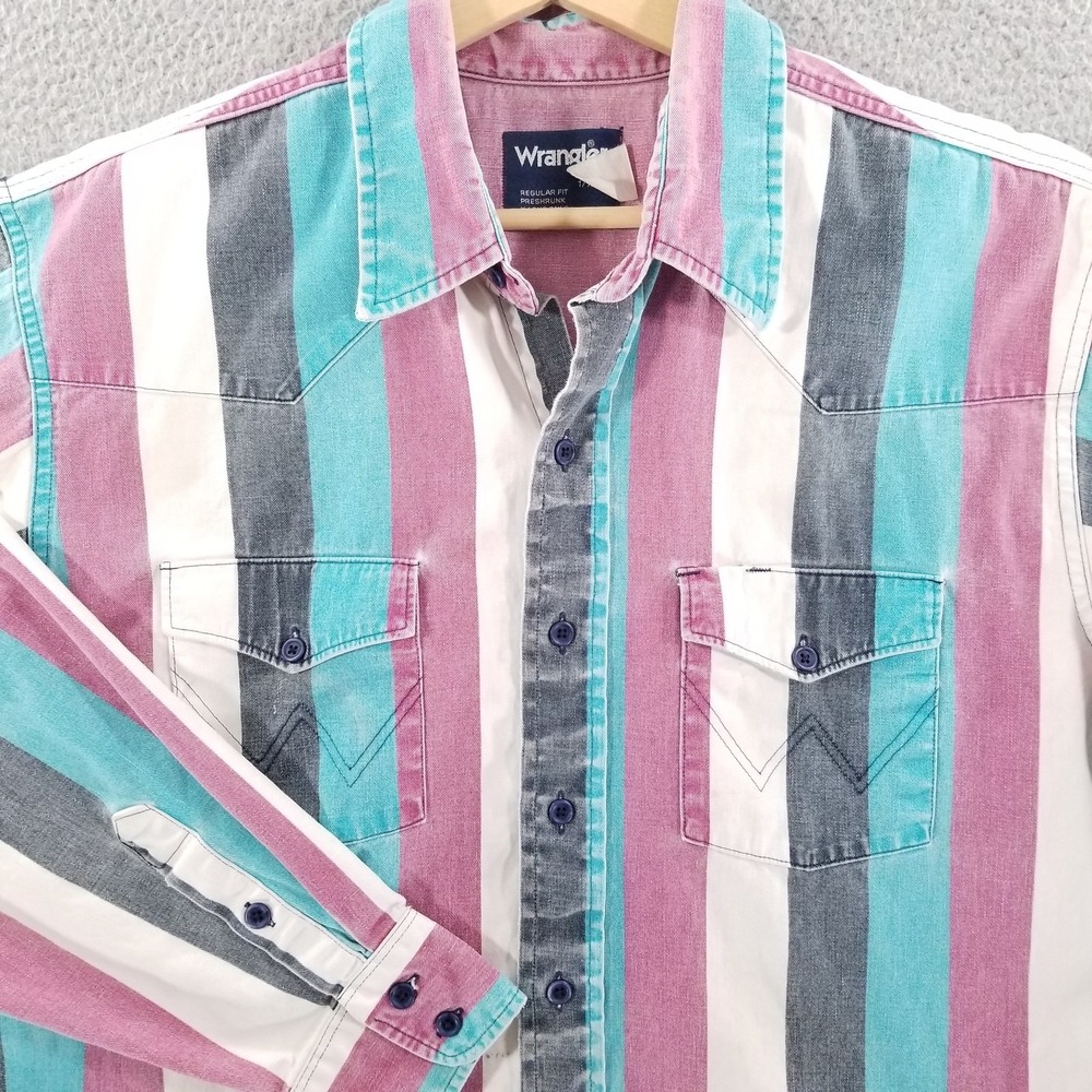 VTG Wrangler Brushpopper Shirt Mens 17.5 XL Pink Blue Western Rodeo Cowboy Teal